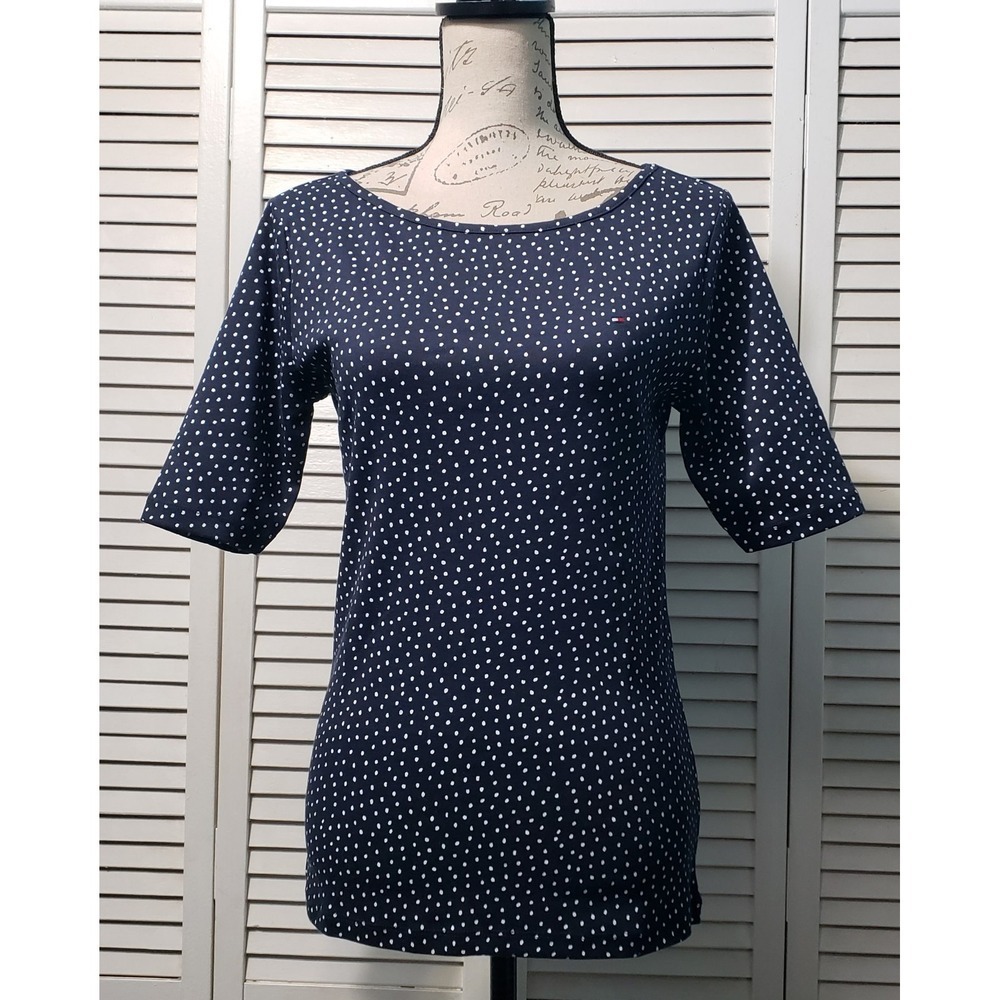 Tommy Hilfiger Polka-dot Top Women's Small Navy White Short Sleeve Boat Neck